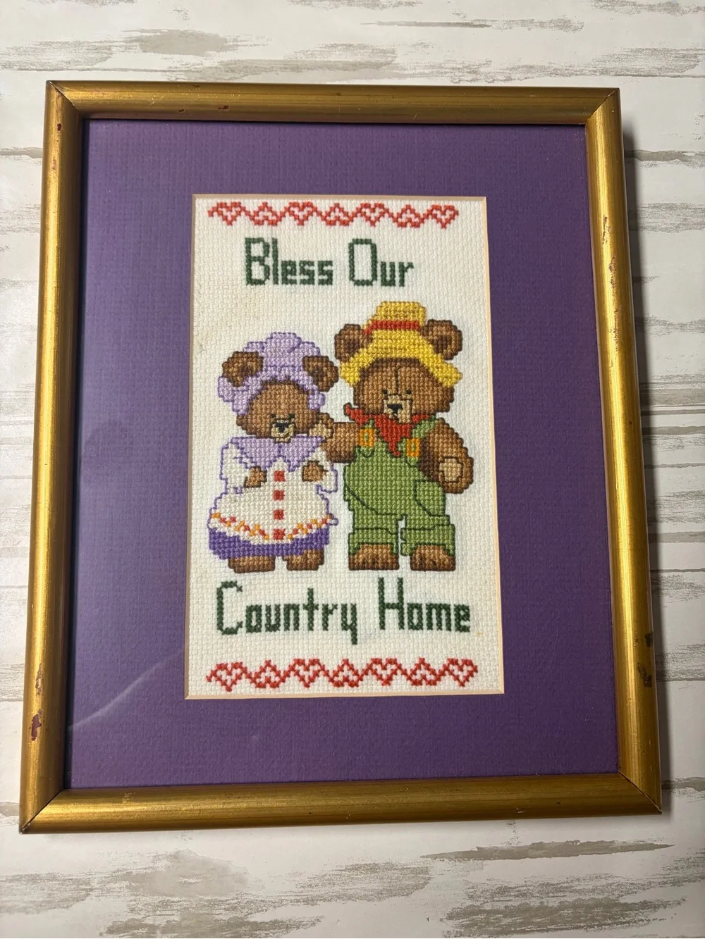 Bless Our Country Home Country Bears Framed Cross Stitch - Purple Mat